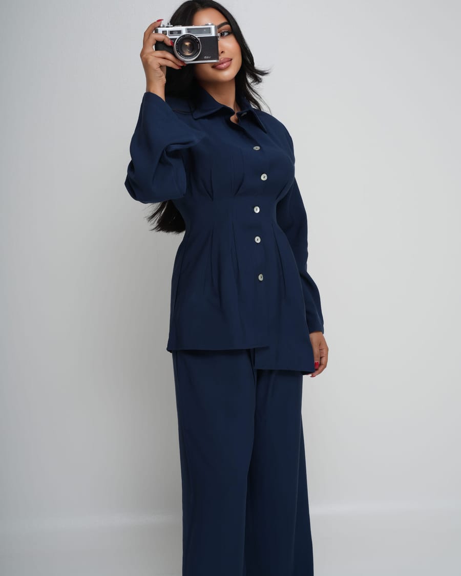Navy Tencel co-ord set, shirt and wide-leg trousers