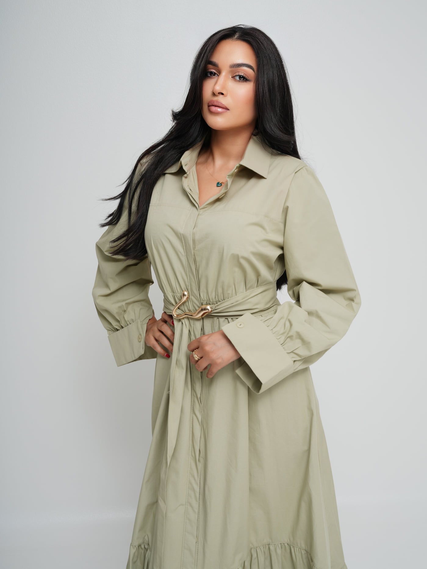 Olive poplin maxi dress with a tiered hem and a gold-hardware waist belt