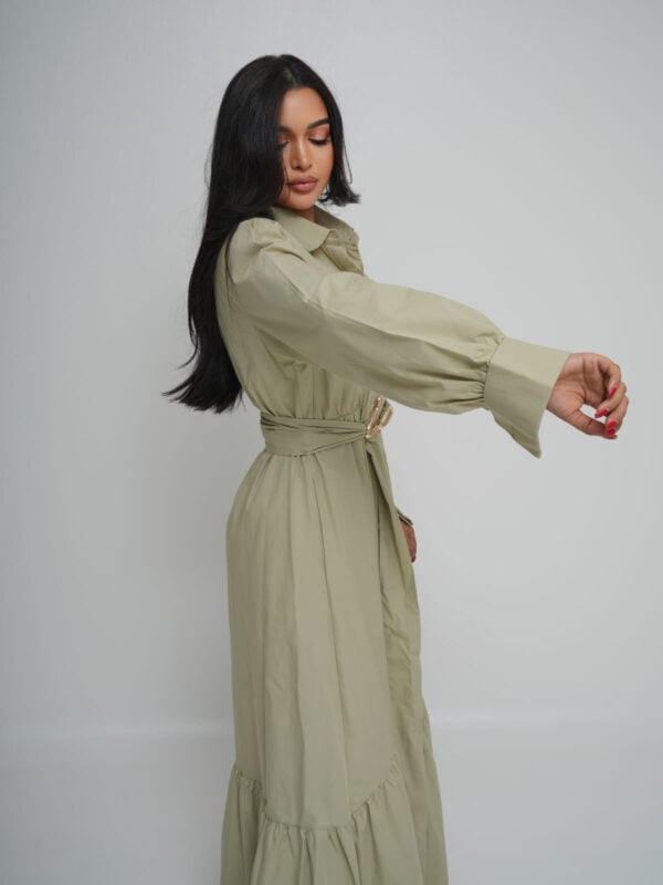 Olive poplin maxi dress with a tiered hem and a gold-hardware waist belt