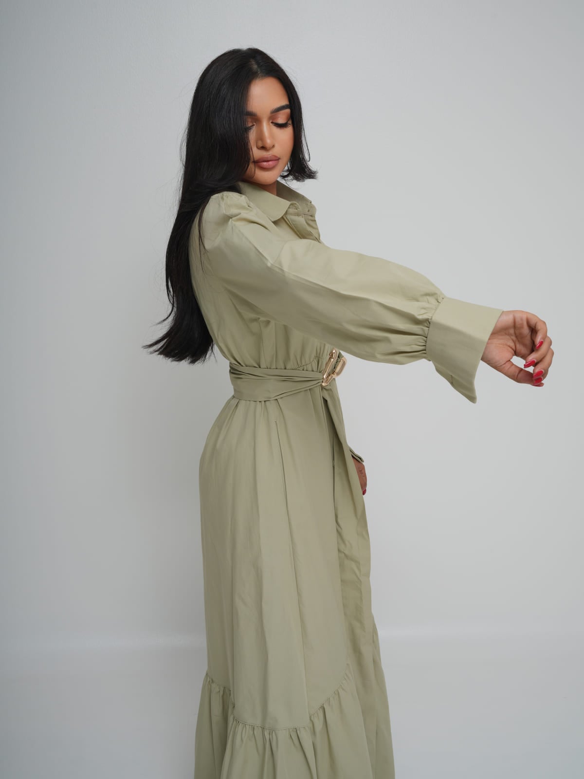 Olive poplin maxi dress with a tiered hem and a gold-hardware waist belt